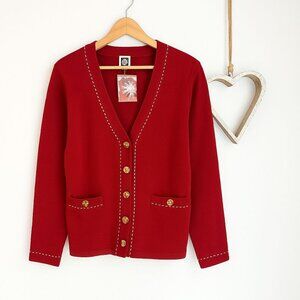 Anne Klein Womens Contrast Trimmed Cardigan Gold Button Accents LARGE Deep Red